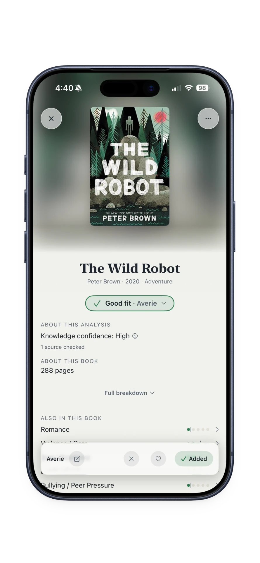 The Wild Robot analysis showing a Good fit verdict for Averie with content breakdown