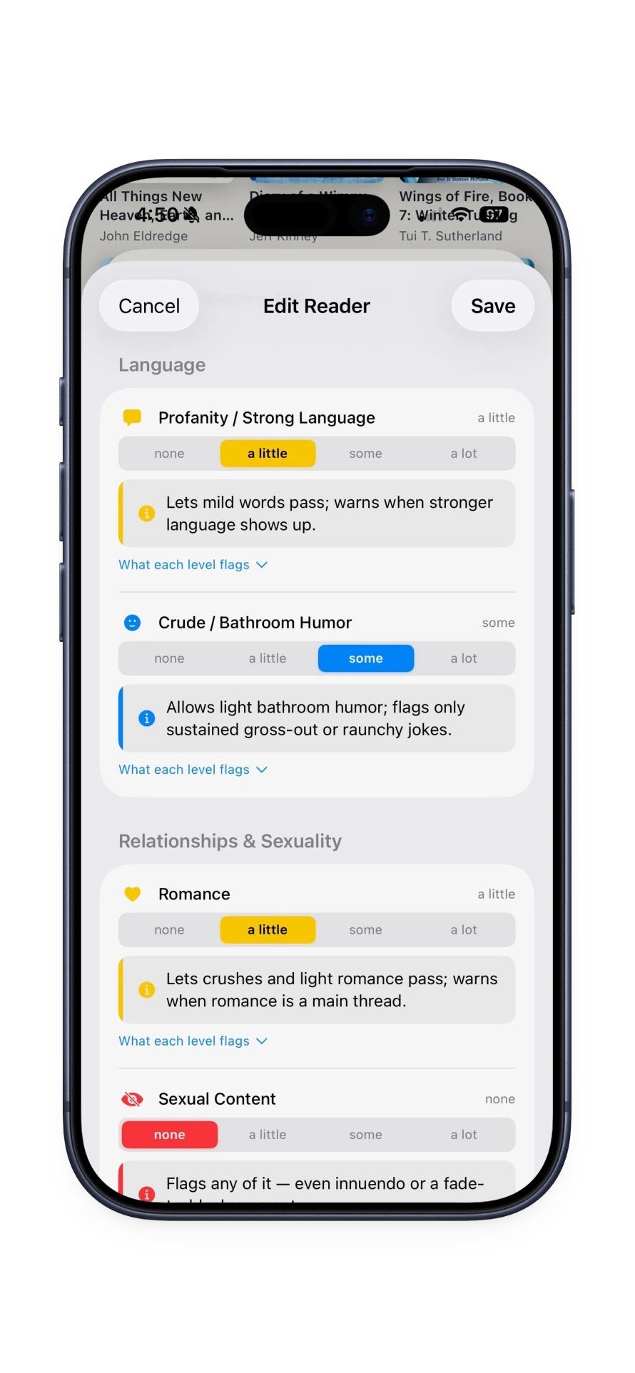 Reader settings with a sensitivity level for each content category